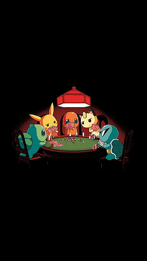 Cute Chibi Pokémon Playing Poker at a Casino Table Under a Red Lamp HD phone wallpaper