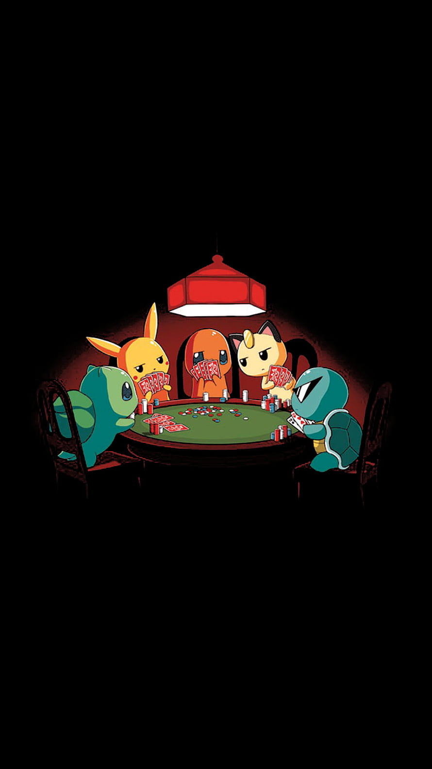 Cute Chibi Pokémon Playing Poker at a Casino Table Under a Red Lamp HD phone wallpaper