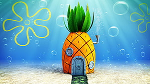 SpongeBob SquarePants Pineapple House Underwater Scene with Bubbles and Sandy Path HD wallpaper