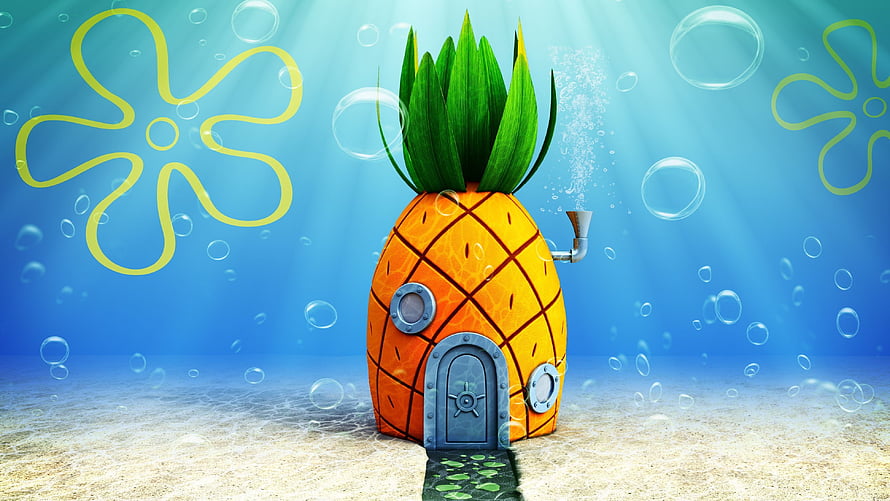 SpongeBob SquarePants Pineapple House Underwater Scene with Bubbles and Sandy Path HD wallpaper