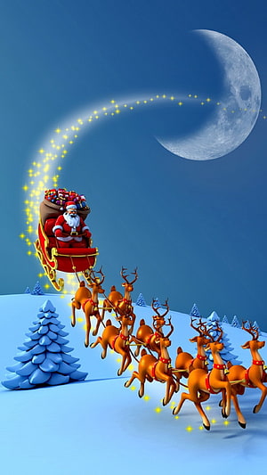 Santa Claus Flying in Sleigh with Reindeer Under Crescent Moon HD phone wallpaper