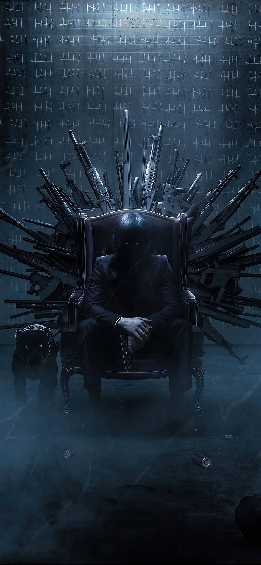 Mysterious masked figure in a suit sitting on a throne made of assault rifles with a dog HD phone wallpaper