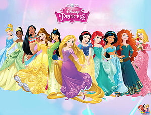 Disney Princess Group Portrait with Official Logo on Pastel Background HD wallpaper