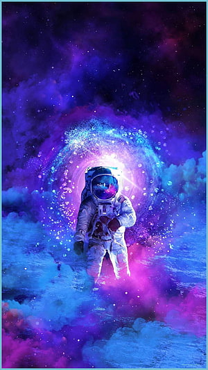 Astronaut Walking Through Vibrant Purple and Blue Cosmic Nebula Tunnel HD phone wallpaper