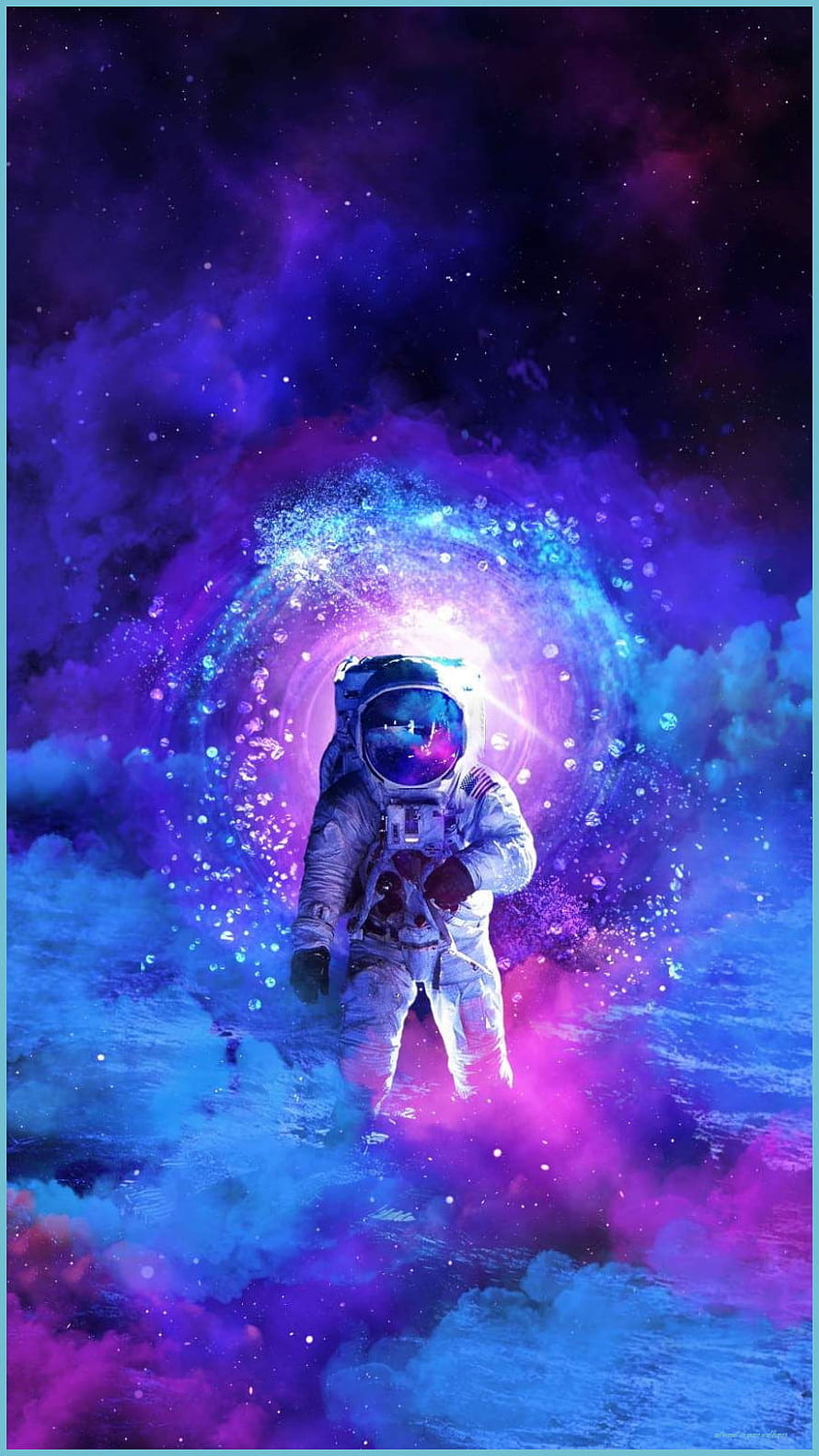 Astronaut Walking Through Vibrant Purple and Blue Cosmic Nebula Tunnel HD phone wallpaper
