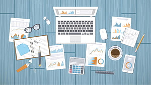 Flat lay illustration of a data analytics workspace with laptop, charts, calculator, and coffee on a blue wooden desk HD wallpaper