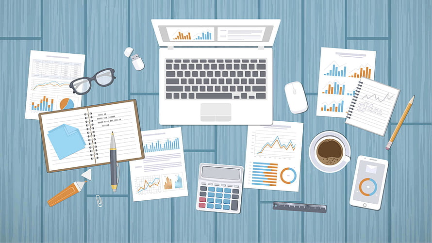Flat lay illustration of a data analytics workspace with laptop, charts, calculator, and coffee on a blue wooden desk HD wallpaper