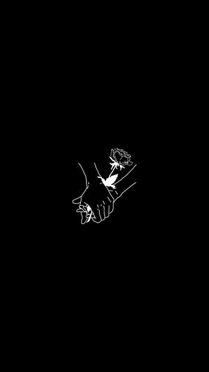 Minimalist White Line Art of Hands Holding a Rose on Black Background HD phone wallpaper