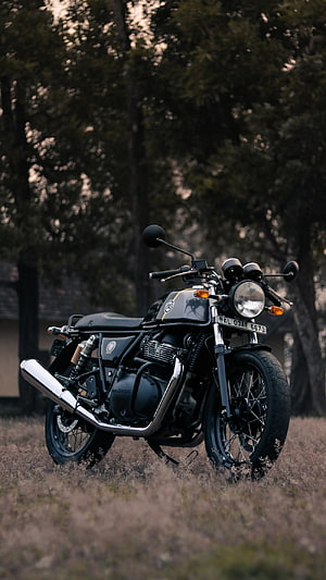 Royal Enfield Classic 350 Matte Black Motorcycle in Forest Setting HD phone wallpaper