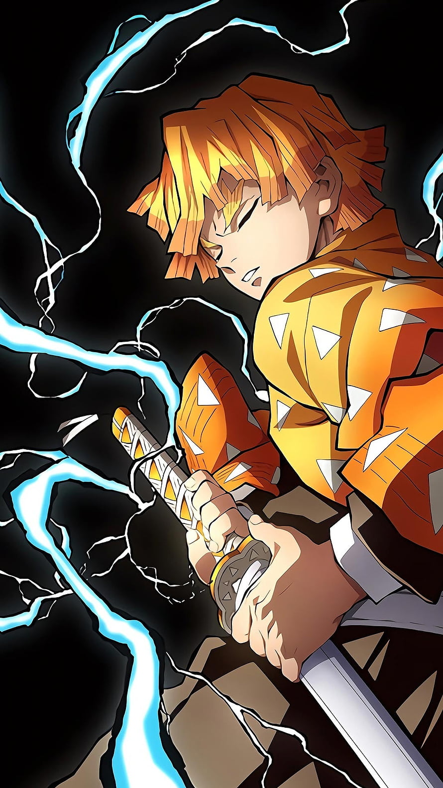 Zenitsu Agatsuma wielding lightning sword in Demon Slayer anime style HD phone wallpaper
