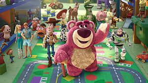 Lotso and the Toy Story 3 cast gathered in a colorful daycare playroom HD wallpaper