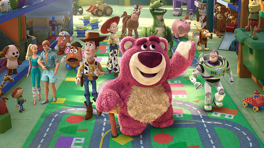 Lotso and the Toy Story 3 cast gathered in a colorful daycare playroom HD wallpaper