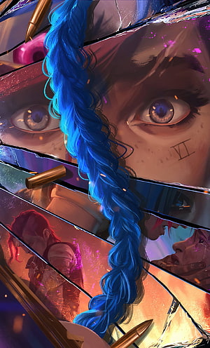 Jinx from Arcane with blue braid, bullet casings, and intense eyes in a shattered glass collage style HD phone wallpaper
