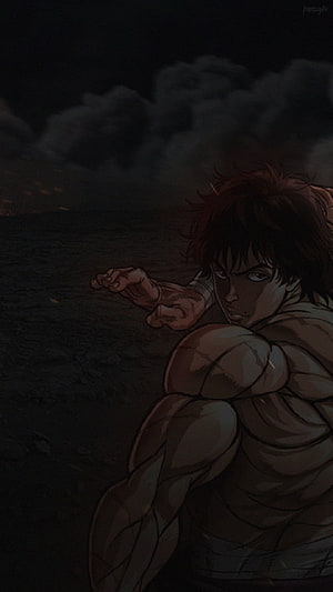 Baki Hanma in a Dark and Moody Anime Illustration with Dramatic Clouds HD phone wallpaper