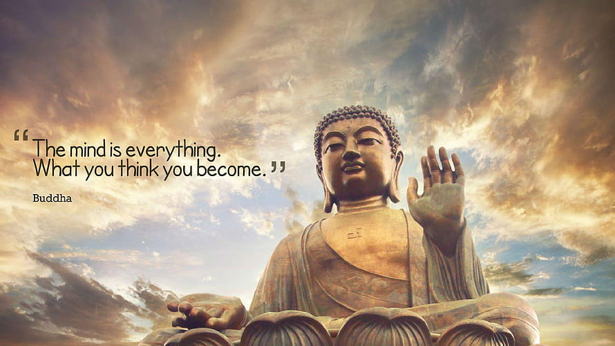 Serene Buddha Statue Against Dramatic Sky With Inspirational Mindfulness Quote HD wallpaper