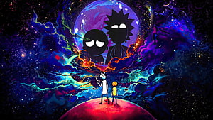 Rick and Morty Silhouette Artwork in Vibrant Cosmic Space Nebula Background HD wallpaper