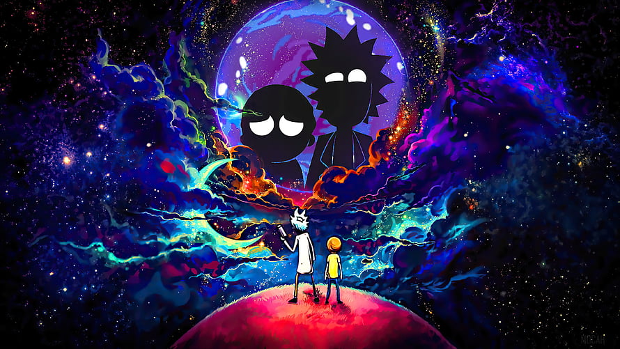 Rick and Morty Silhouette Artwork in Vibrant Cosmic Space Nebula Background HD wallpaper