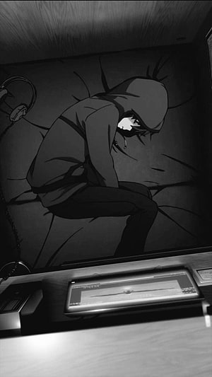 Sad Anime Boy in Hoodie Sitting on Bed with Headphones and Phone Wallpaper HD phone wallpaper