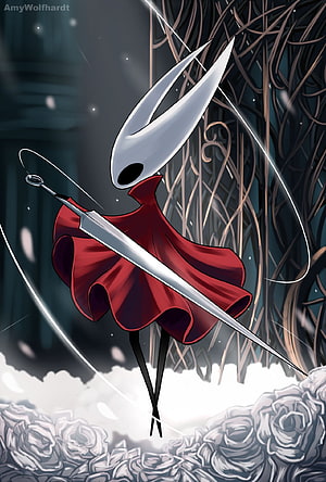 Hollow Knight Artwork: The Hollow Knight in a Crimson Robe with a Great Nail HD phone wallpaper