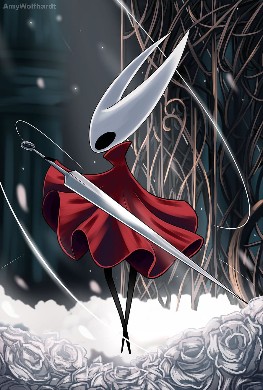 Hollow Knight Artwork: The Hollow Knight in a Crimson Robe with a Great Nail HD phone wallpaper