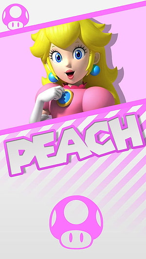 Princess Peach 3D Character Portrait with Pink Mushroom Icons and Bold Typography HD phone wallpaper