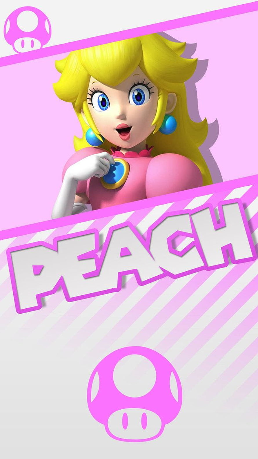 Princess Peach 3D Character Portrait with Pink Mushroom Icons and Bold Typography HD phone wallpaper