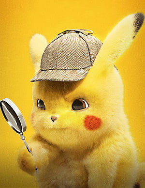 Detective Pikachu wearing a deerstalker hat and holding a magnifying glass against a yellow background HD phone wallpaper
