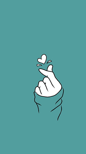 Minimalist Korean Finger Heart Gesture Illustration on Teal Background HD phone wallpaper