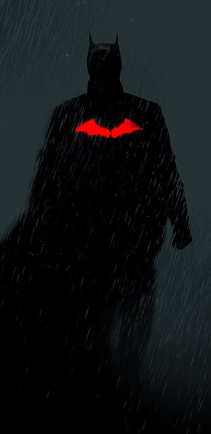 Batman Silhouette With Glowing Red Logo In Heavy Rain, The Batman, Matt Reeves, Dc Comics, Vengeance, Riddler, DC HD phone wallpaper