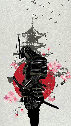 Samurai Warrior in Full Armor with Katana, Pagoda, and Cherry Blossoms Japanese Art HD phone wallpaper