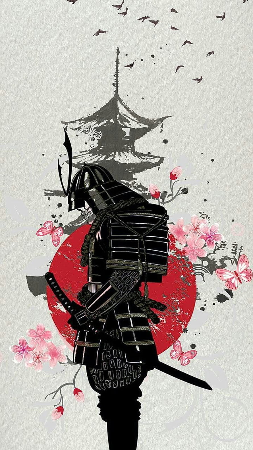 Samurai Warrior in Full Armor with Katana, Pagoda, and Cherry Blossoms Japanese Art HD phone wallpaper