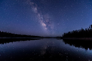 Milky Way Galaxy Reflected in Calm Lake Water with Forest Silhouette HD wallpaper