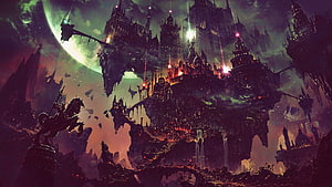 Dark Fantasy Floating Castle with Gothic Architecture and Eerie Green Sky HD wallpaper
