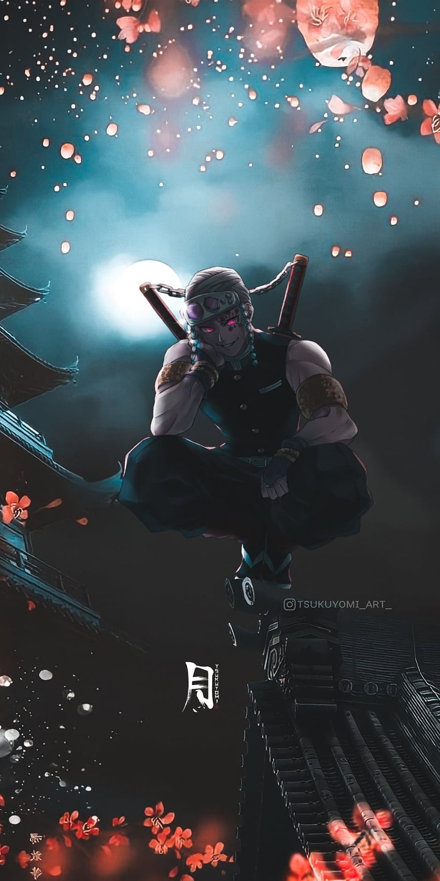 Doma from Demon Slayer sitting on a rooftop under a full moon with cherry blossoms HD phone wallpaper