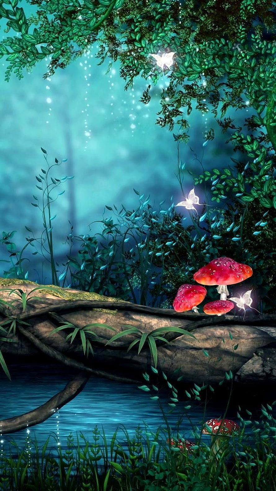 Enchanted Forest Scene with Glowing Mushrooms and Fireflies HD phone wallpaper