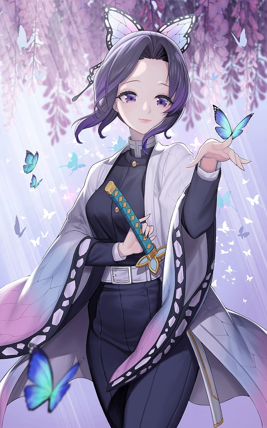 Shinobu Kocho from Demon Slayer holding a butterfly with wisteria flowers in the background HD phone wallpaper