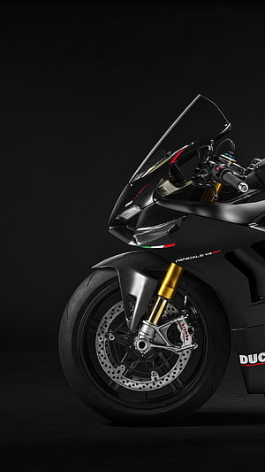 Ducati Panigale V4 SP Matte Black Superbike Front Profile with Gold Forks and Brembo Brakes HD phone wallpaper