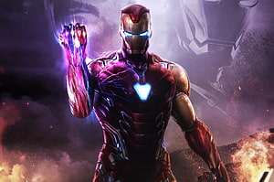 Iron Man in Battle Armor with Glowing Infinity Stones on Hand Amidst Explosive Battlefield, Avengers Endgame Iron Man Infinity Stones HD wallpaper