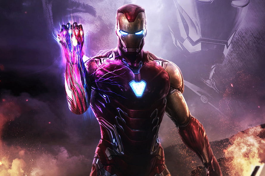 Iron Man in Battle Armor with Glowing Infinity Stones on Hand Amidst Explosive Battlefield, Avengers Endgame Iron Man Infinity Stones HD wallpaper