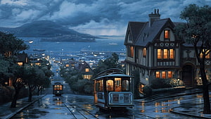 Atmospheric Night Scene of Vintage Cable Cars on a Rainy Hill Overlooking a Harbor City HD wallpaper