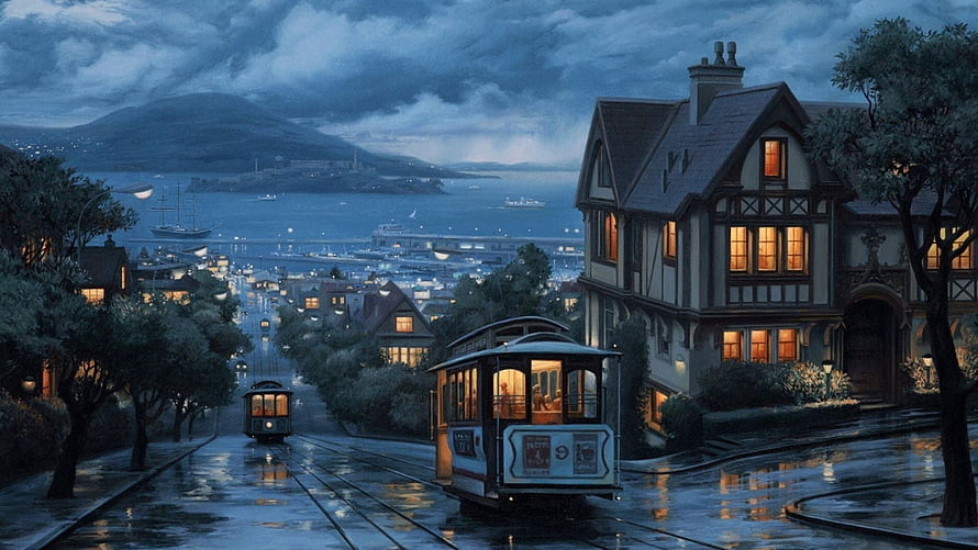 Atmospheric Night Scene of Vintage Cable Cars on a Rainy Hill Overlooking a Harbor City HD wallpaper