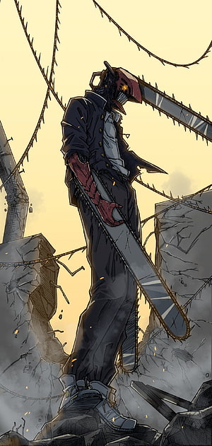 Chainsaw Man Denji standing amidst rubble with chainsaw head and arm in dark anime style, Chainsawman, chainsaw, summerwatermelon, denji HD phone wallpaper