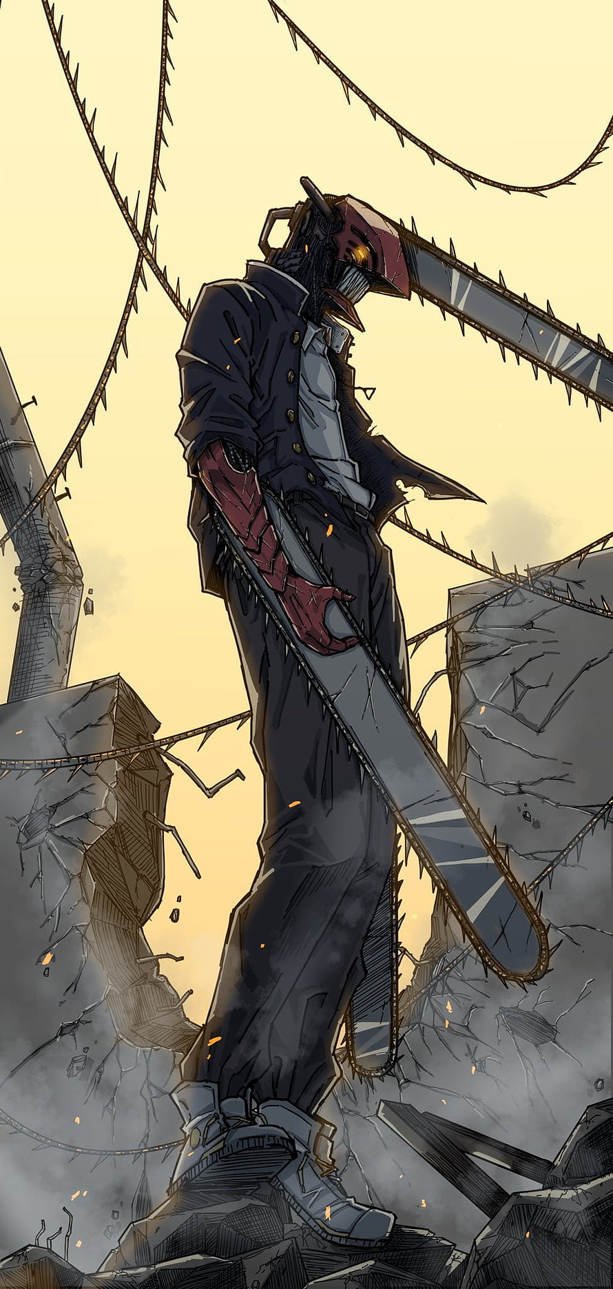 Chainsaw Man Denji standing amidst rubble with chainsaw head and arm in dark anime style, Chainsawman, chainsaw, summerwatermelon, denji HD phone wallpaper