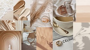 Beige Aesthetic Mood Board Featuring Luxury Fashion, Coffee, and Minimalist Interior Design HD wallpaper
