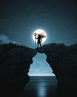 Silhouette of Poseidon Holding Trident on Rocky Arch Against Full Moon HD phone wallpaper