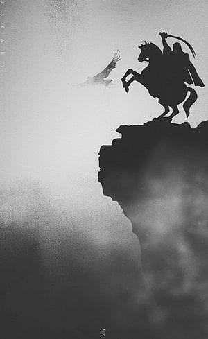 Silhouette of a Warrior on Horseback with Scythe on Cliff Edge HD phone wallpaper