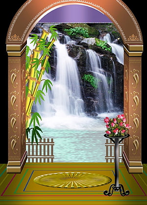 Elegant Archway View of Waterfall with Bamboo and Roses HD phone wallpaper