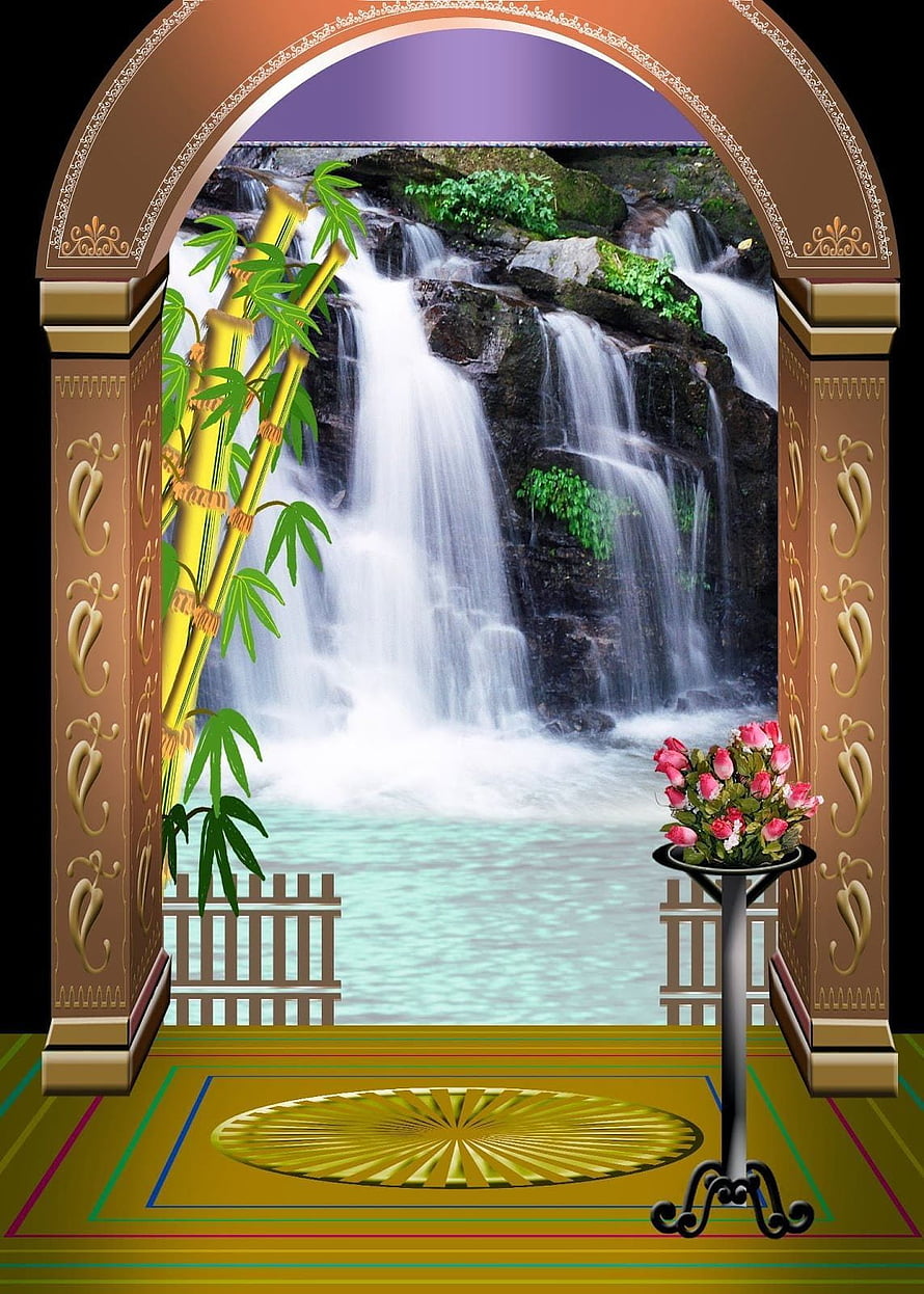 Elegant Archway View of Waterfall with Bamboo and Roses HD phone wallpaper