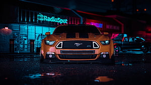 Orange Ford Mustang RTR in Neon-Lit Night Street Scene HD wallpaper