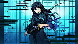 Muichiro Tokito from Demon Slayer in Black Uniform with Katana Against Blue Lattice Background HD wallpaper